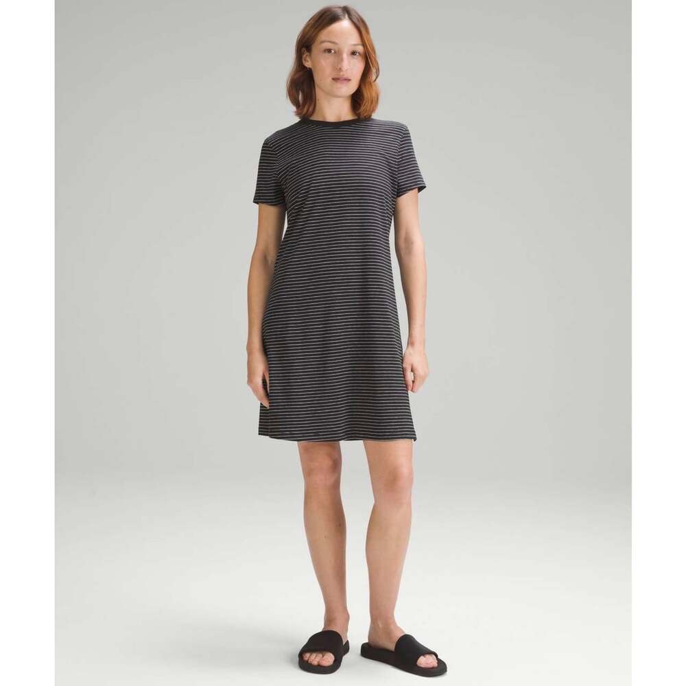 Lululemon Classic-Fit Cotton Blend T-Shirt Dress Size 6 Black White Stripe